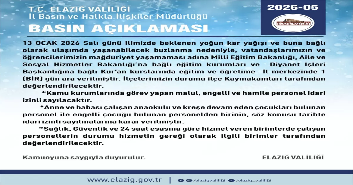 Elazığ’da Kar Tatili! Vali Hatipoğlu’ndan Öğrencilere ve Velilere Müjdeli Haber