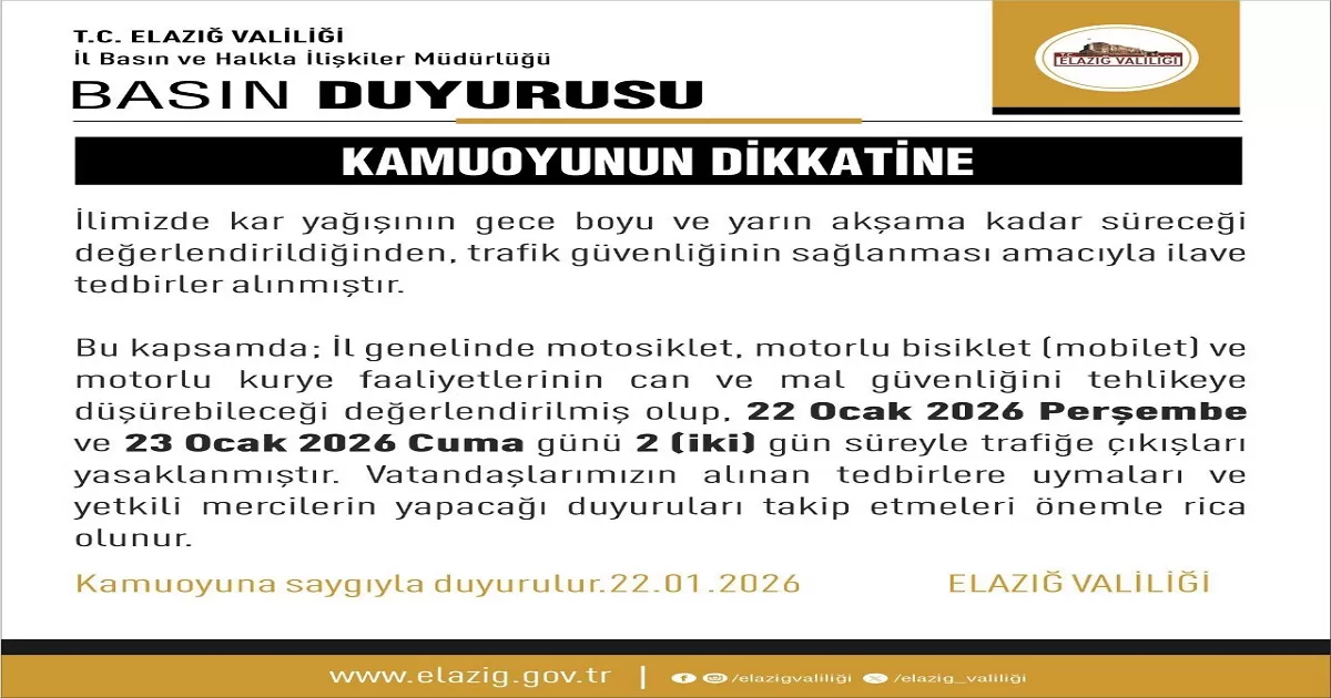 Elazığ’da Kar Yağışı Nedeniyle Motosiklet ve Kuryelere Trafik Yasağı