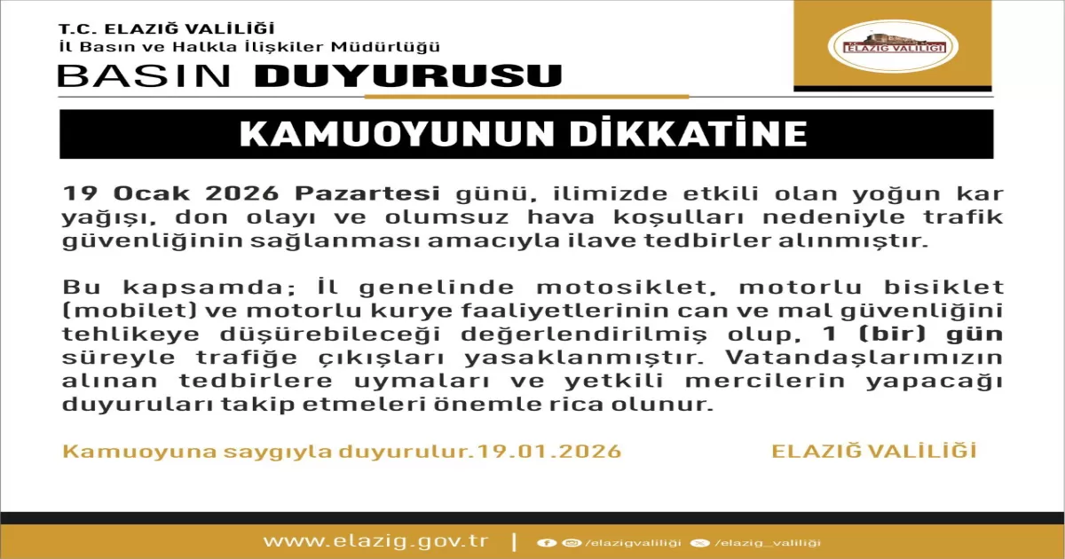 Elazığ’da Yoğun Kar Yağışı Nedeniyle Motosiklet ve Kuryelere 1 Günlük Trafik Yasağı