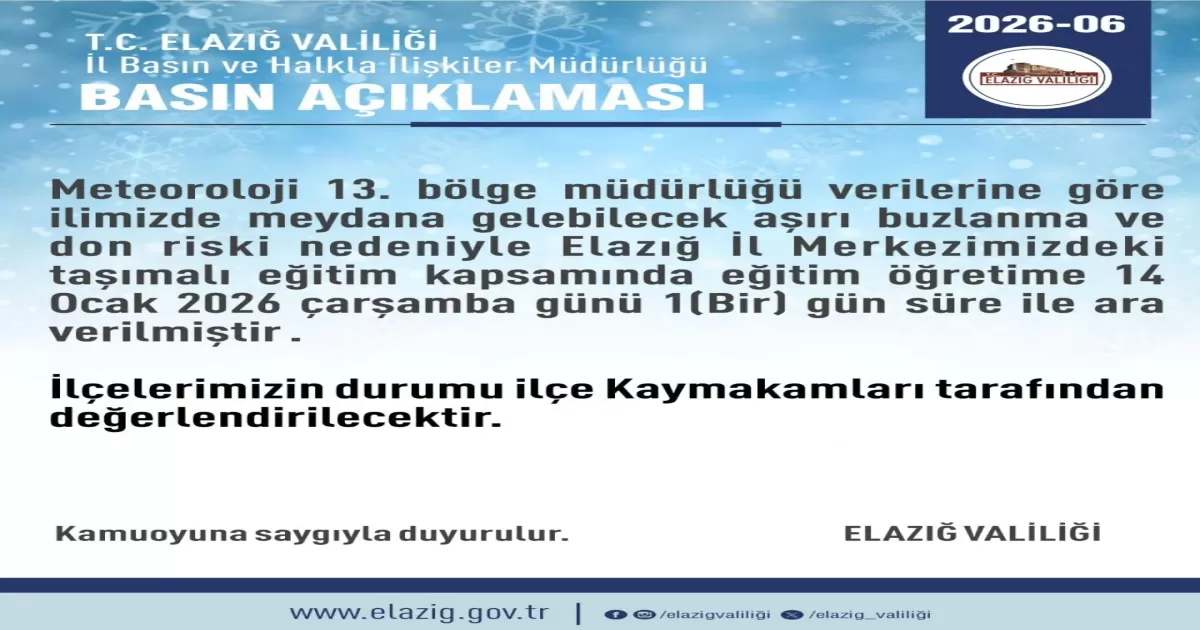 Elazığ Merkezde Taşımalı Eğitime 1 Gün Ara Verildi