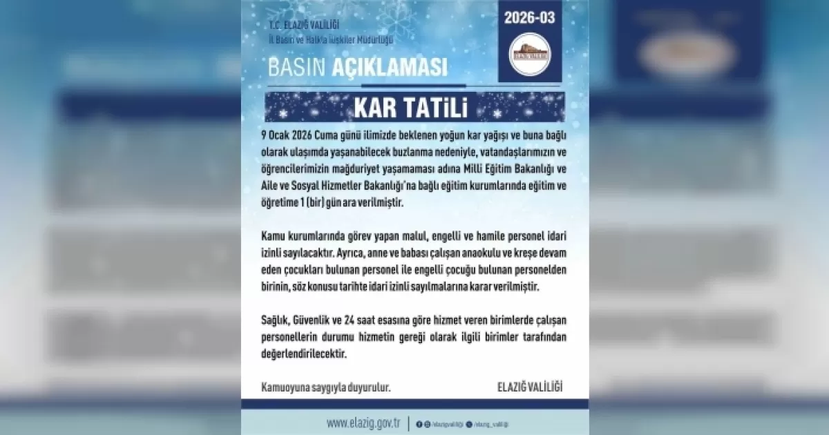 Elazığ Valiliği Duyurdu: Eğitime Bir Gün Daha Ara Verildi