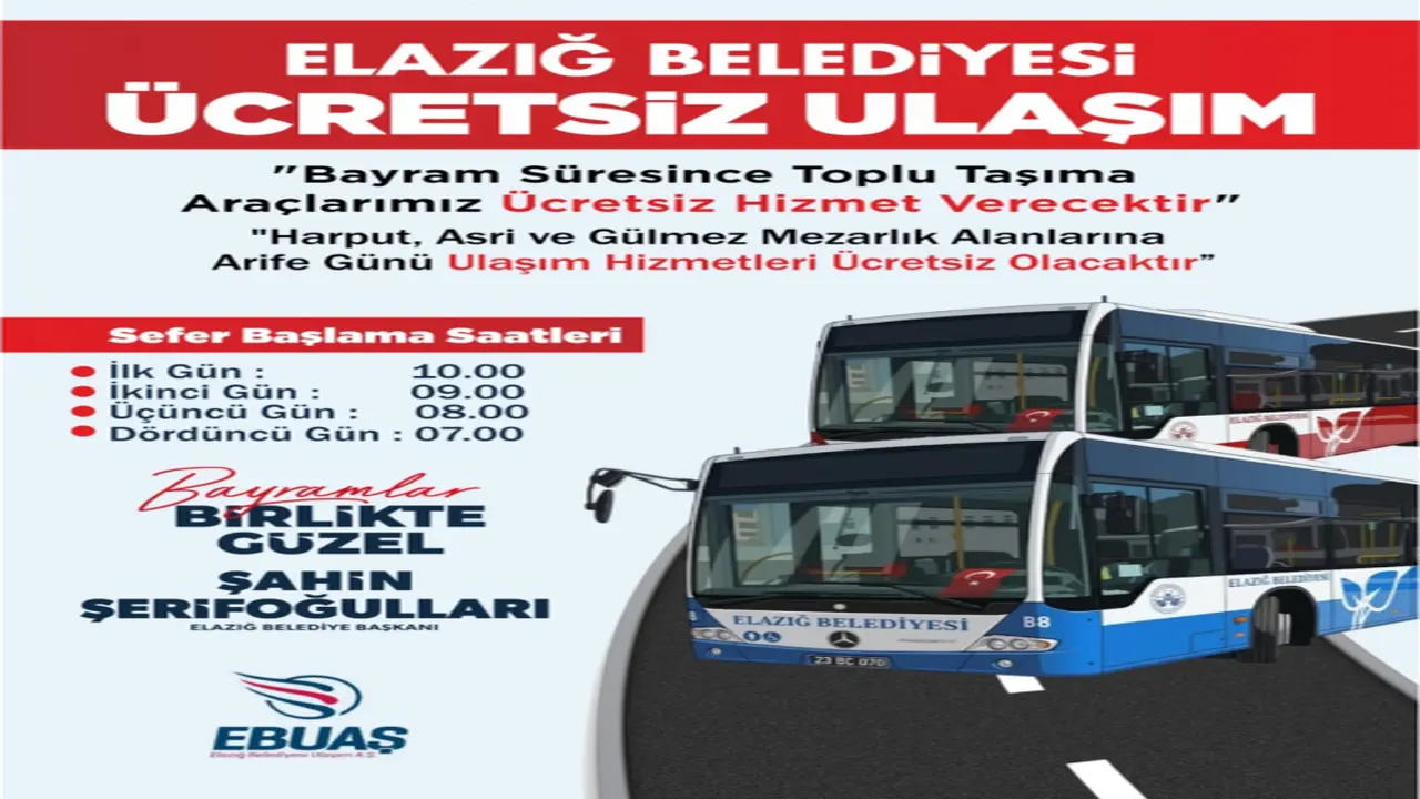 Elazığ’da Bayram Boyunca Toplu Ulaşım Ücretsiz Olacak