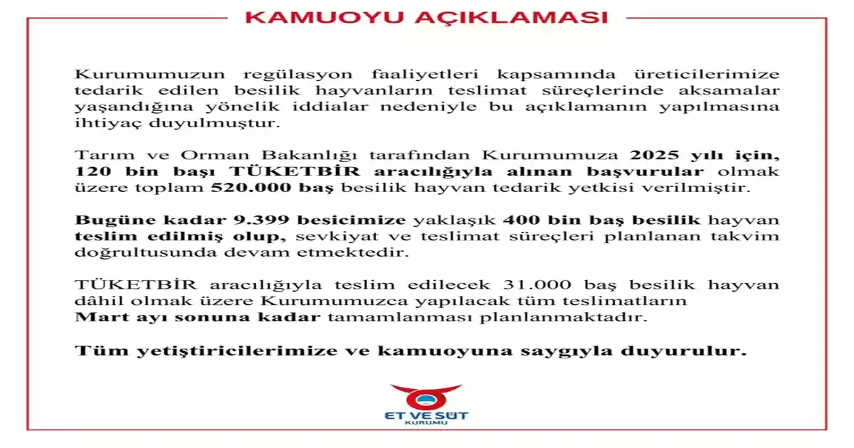 Et ve Süt Kurumu’ndan Besilik Hayvan Teslimatlarına İlişkin Açıklama